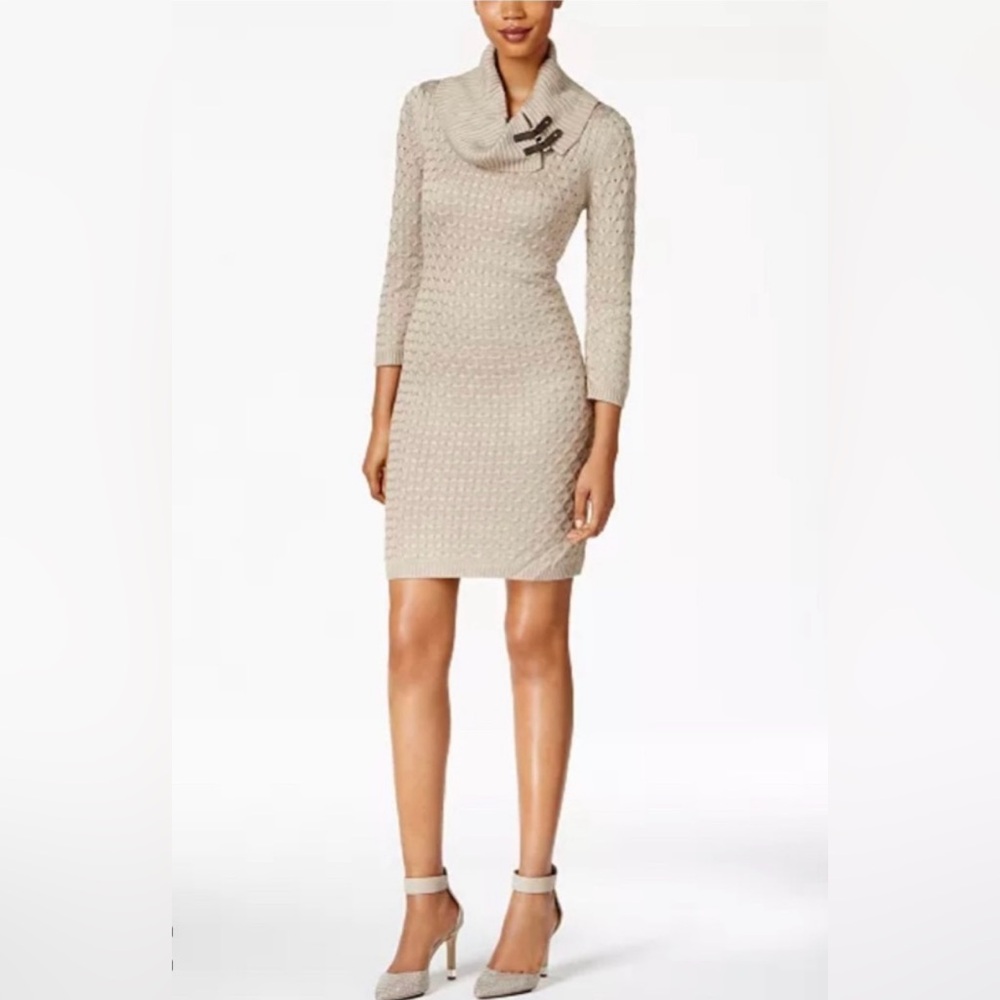 Calvin Klein Buckled Turtle Neck Knit 3/4 Sleeves Sweater Dress Size Medium Tan